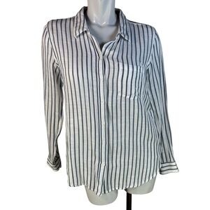 Lucky Brand White & Navy Striped 100% Cotton Button-Up w/Front Pocket in Medium